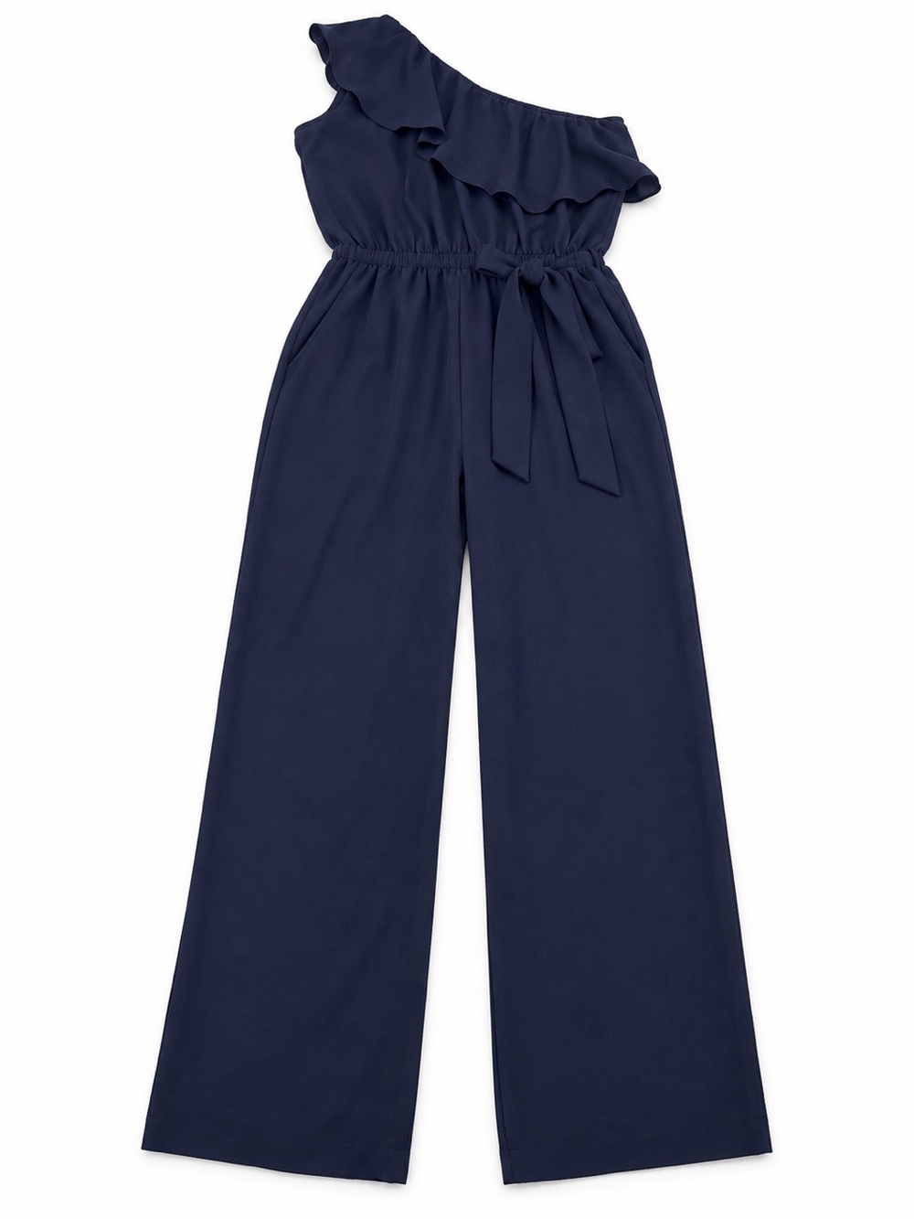 One-Shoulder Ruffle Wide-Leg Jumpsuit - Navy - Picture 2 of 8